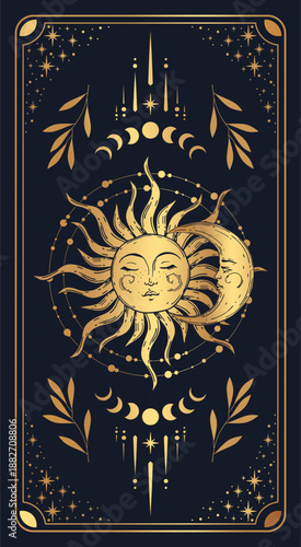 Tarot magic cover card frame. Celelstial mystery esoteric decoration with sun, stars and moon on blue background