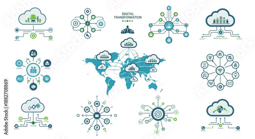A collection of business infographic vector graphics depicting data and global connections on a white background with blue and green illustrations.