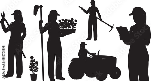 5 Black Solid Female Landscaper Silhouettes Set on White Background