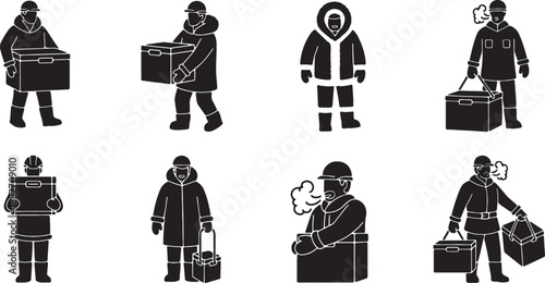 6 Black Solid Stevedores Moving Frozen Goods Silhouettes Set on White Background