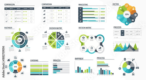 A collection of colorful business infographic vector graphics and data visualizations on a white background, featuring various charts and graphs.