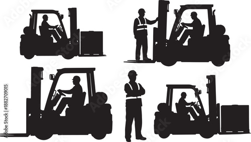 5 Black Solid Forklift Driver Poses Silhouettes Set on White Background