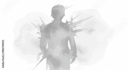 Gray silhouette of a man with abstract splashes