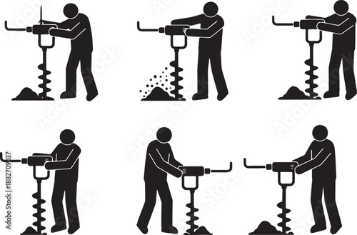 6 Black Solid Auger Planting Silhouettes Set on White Background