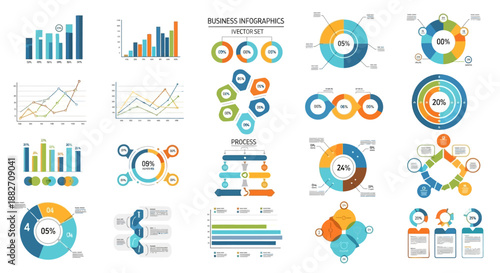 Collection of various business infographic elements and data visualizations on a white background, including charts, graphs, and diagrams in blue, orange, and green hues.