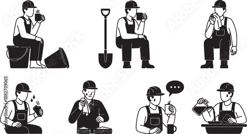 6 Black Solid Gardener Break Silhouettes Set on White Background