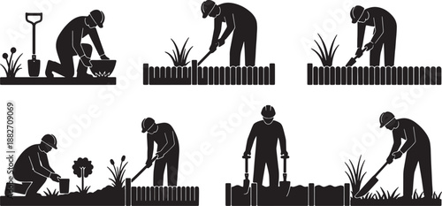 6 Black Solid Edging Install Silhouettes Set on White Background