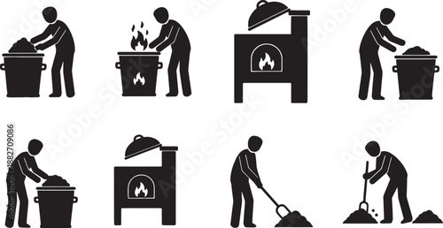 6 Black Solid Incinerator Silhouettes Set on White Background