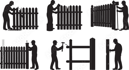 5 Black Solid Fence Repair Silhouettes Set on White Background