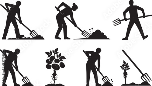 6 Black Solid Garden Fork Silhouettes Set on White Background