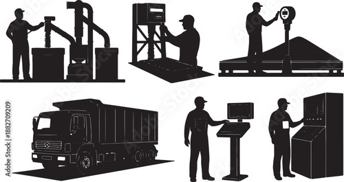 5 Black Solid Silhouettes of Grain Facility Workers