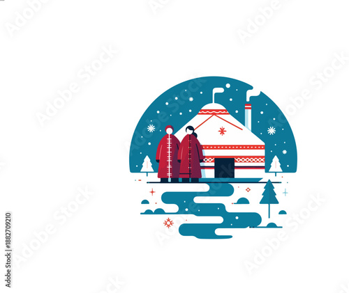 minimalist winter cultural illustration with yurt and snowfall