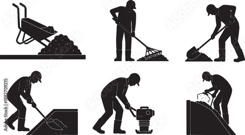 6 Black Solid Gravel Laying Silhouettes Set on White Background