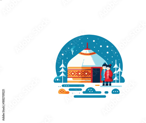 traditional winter scene with yurt and flat vector characters
