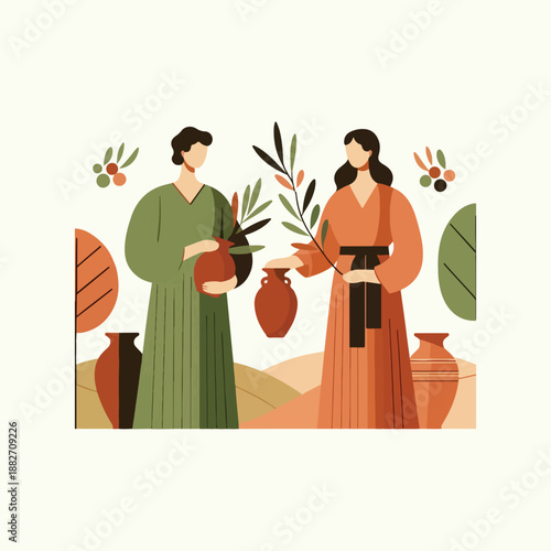 minimalist olive harvest ritual scene with flat vector characters