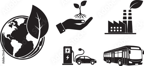 5 Black Solid Green Technology Silhouettes Set on White Background