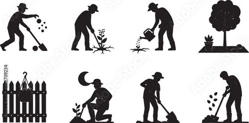 6 Black Solid Guerrilla Gardener Silhouettes Set on White Background