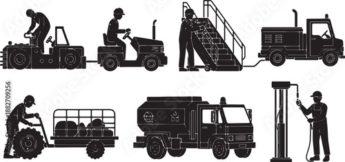 6 Black Solid Ground Support Mechanic Silhouettes Set on White Background