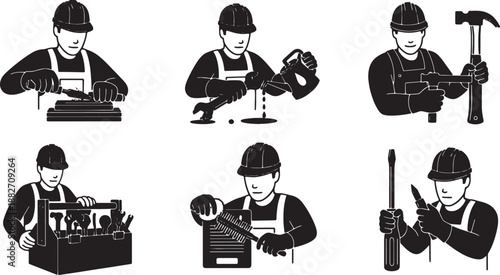 6 Black Solid Hand Tool Maintenance Silhouettes Set on White Background