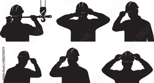 5 Black Solid Hard Hat Adjustment Silhouettes Set on White Background