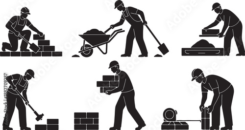 6 Black Solid Hardscaping Worker Silhouettes Set on White Background