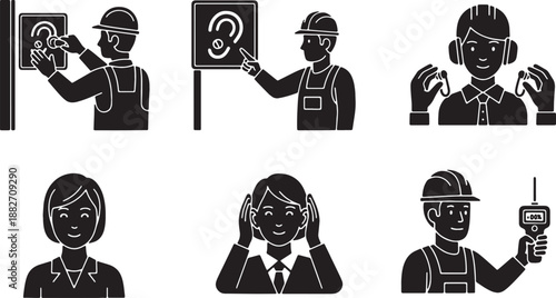 6 Black Solid Hearing Protection Signage Silhouettes Set on White Background