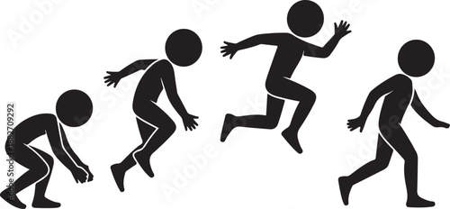 Standing long jump position stick figure sportsman vector icon illustration set. Leap sequence move silhouette
