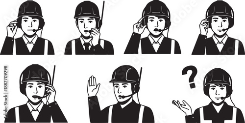 6 Black Solid Workers Testing Radio Headsets Silhouettes Set on White Background