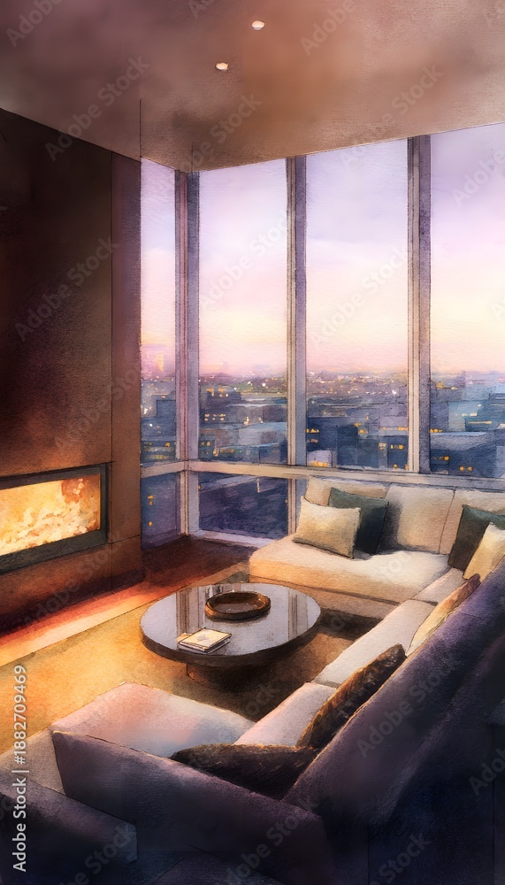 Naklejka premium Cozy modern living room watercolor illustration featuring a warm inviting city view fireplace design