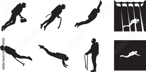 6 Black Solid Dam Diver Silhouettes Set on White Background