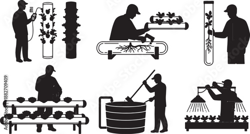 5 Black Solid Hydroponic Worker Silhouettes Set on White Background