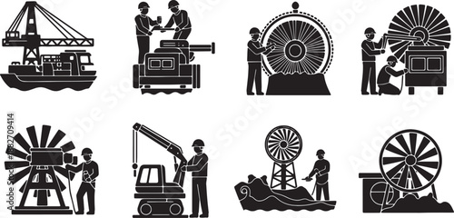 6 Black Solid Turbine Inspection Silhouettes Set on White Background