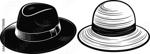 Vintage fedora and boater hat vector illustration, classic gentleman headwear icons in black and white woodcut