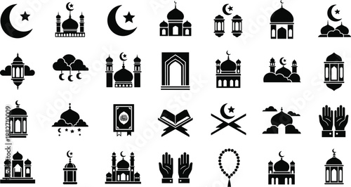 Grid of Islamic symbols including mosques, crescent moons, prayer hands, lanterns, and Quran icons, religious theme illustration, transparent background graphic