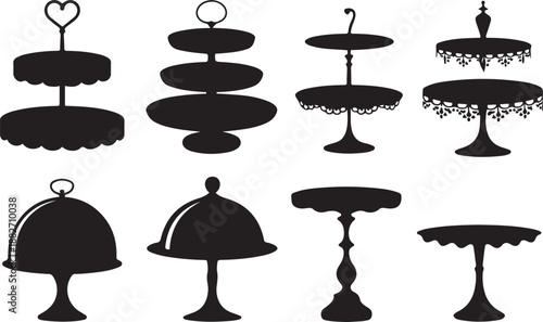 Wedding cake platter, stand tray silhouettes. Isolated vector elegant black tables set for displaying fruits or desserts during festive events and ceremonies. Monochrome serving items for food display