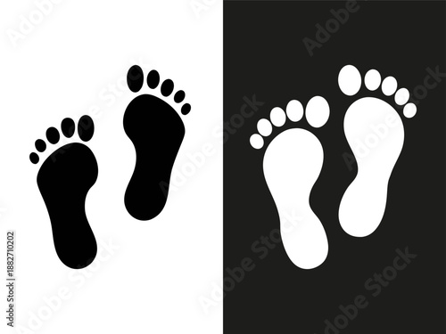 Black footprints of baby indicating walking path and growth symbol on white. Black Footprint Silhouette Icon Isolated on White Background.
