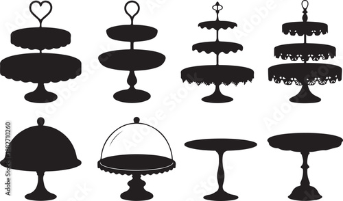Wedding cake platter, stand tray silhouettes. Isolated vector elegant black tables set for displaying fruits or desserts during festive events and ceremonies. Monochrome serving items for food display