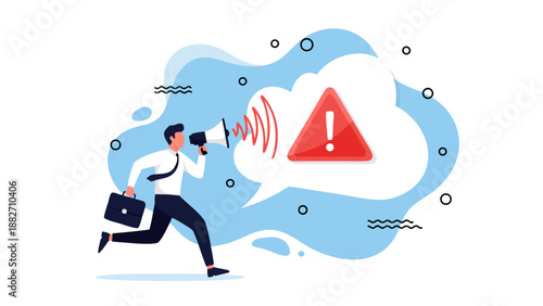 Alert vector illustration of a businessman running with a megaphone and an exclamation mark warning symbol