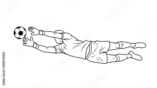 Goalkeeper diving for a soccer ball, line art vector illustration on white background