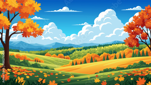 Vibrant Autumn Landscape Vector Illustration with Falling Leaves and Rolling Hills under a Blue Sky