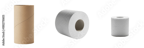 Set of soft white toilet paper rolls and empty brown cardboard tube, household hygiene products and recycling concept isolated on white background