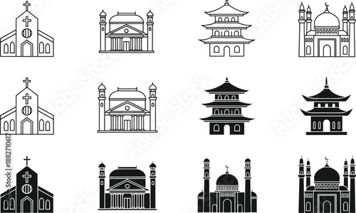 Grid of religious building icons including churches, mosques, and pagodas, cultural architecture theme illustration, transparent background graphic