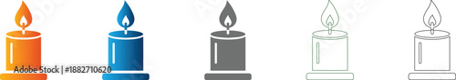 Candle icon set, single flame burning, flat design vector illustration