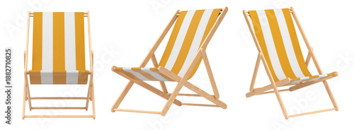 Set of striped beach chairs for summer getaways isolated on white background.