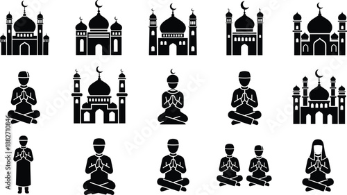 Silhouettes of Islamic mosques and prayer postures, worship and architecture theme illustration, transparent background graphic