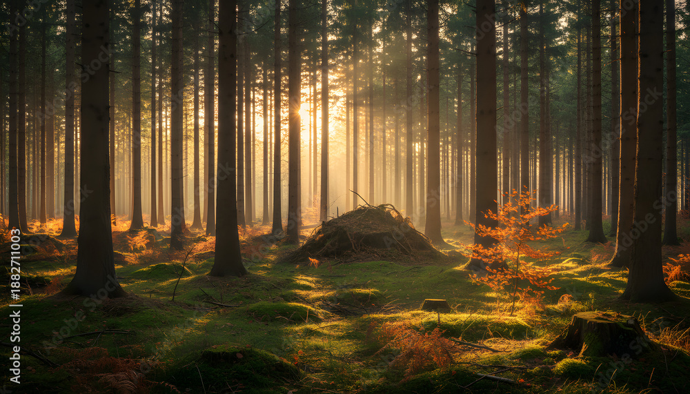 Obraz premium Golden Light Through Dense Conifer Forest