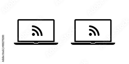 RSS feed icon in laptop screen. News update, blog subscription symbol in notebook computer display
