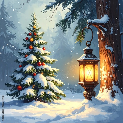 A serene winter scene featuring a snow-covered Christmas tree and a lantern