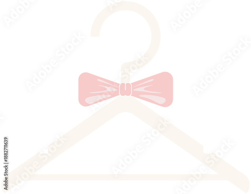 A minimalist, soft-toned vector of a cream-colored clothing hanger adorned with a pastel pink bow. Elegant and understated design perfect for bridal boutiques and nursery organization