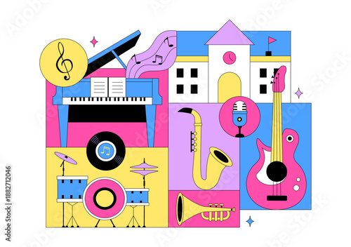 Music School Illustration Featuring Various Musical Instruments, Music Education Learning, And Performance Activities by Musicians and Singers